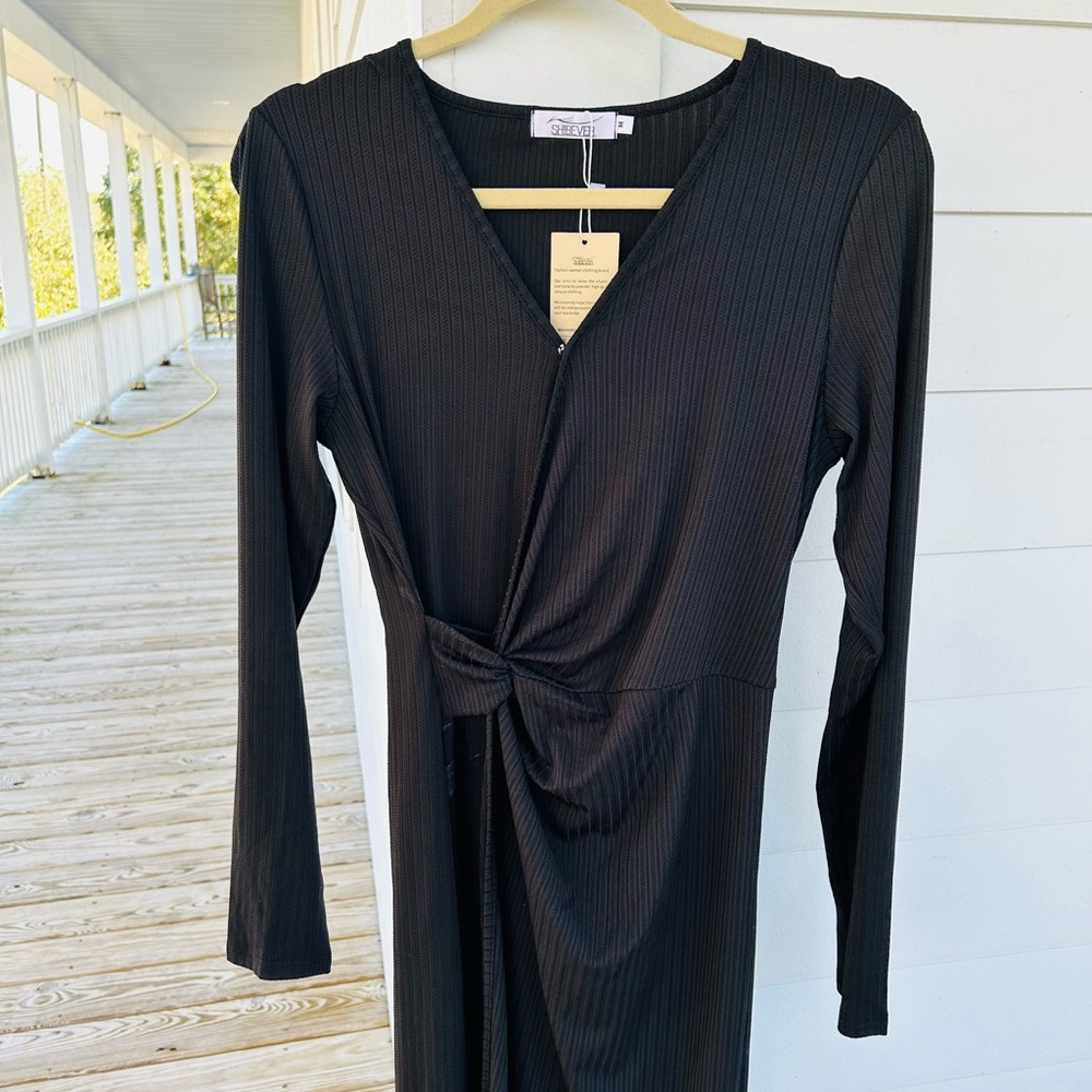 Black Ribbed Wrap Dress, Office, Cocktail Dress